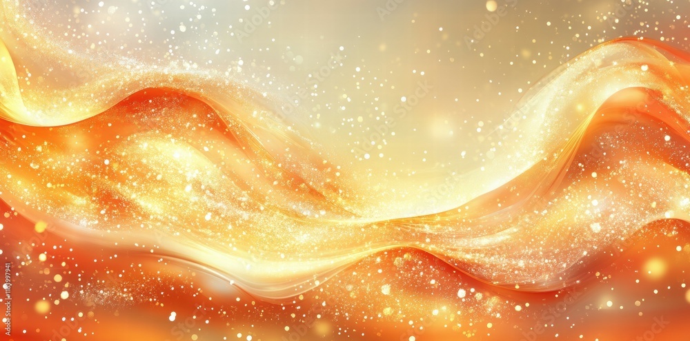 Poster Abstract wave design in warm tones with sparkling elements, suitable for backgrounds or banners.