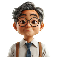 A cheerful 3D render cartoon depiction of an older Asian man wearing round glasses