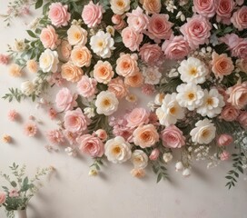 Fototapeta premium Artificial flowers wall with delicate petals, soft pastel colors and a vintage floral arrangement background, soft, interior, decoration
