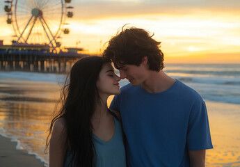 Fototapeta premium A couple sharing a kiss on a beach at sunset, with the iconic Santa Monica Pier and Ferris wheel glowing softly in the background. The romantic moment is infused with warmth and joy.