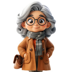Charming 3D Cartoon Granny, Grey Hair, Brown Coat, Glasses