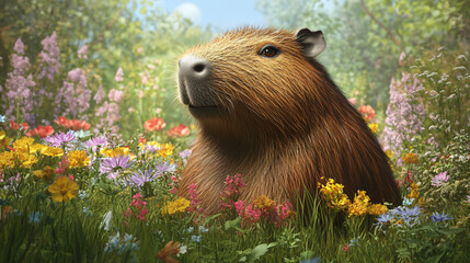 Fototapeta premium The Serene Capybara and Its Bird Companion