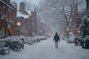 Photorealistic Winter Scene with Snowfall, Detailed Streets, and Warm Lighting in a Cozy Neighborhood Setting