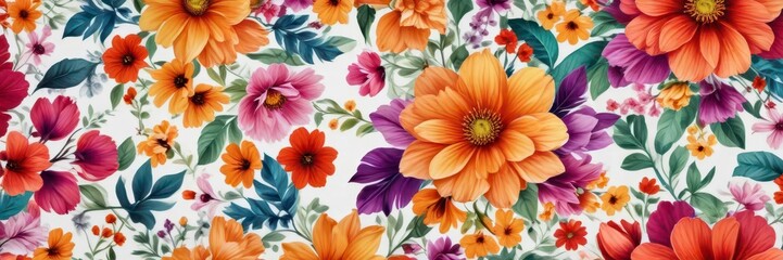 Bright and bold floral pattern with a mix of bright colors on a white background, floral pattern,  colorful arrangement,  artistic swirls