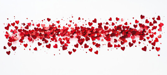 A white background adorned with red confetti hearts, creating a vibrant Valentine's Day theme. The simple and clean layout is ideal for advertisements or decorative designs.