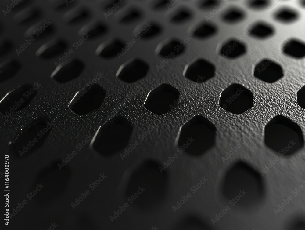 Poster Close-up of a textured black surface with hexagonal perforations for design or industrial use.