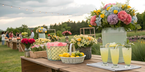 Spring garden party with elegant flower arrangements and refreshing lemonade.