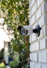 Security Camera Mounted on White Brick Wall