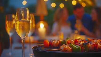 A beautiful outdoor setting features a grill with colorful skewers sizzling next to sparkling glasses of drink.