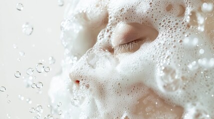 Fototapeta premium Close-Up of a Relaxing Woman's Face Covered in Soap Bubbles