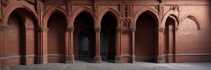 Classic wide angle shot of a red brick wall with intricate stonework and ornate archways ,  old,  stonework