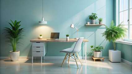 serene office workspace with gradient desk and lush plants