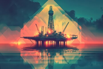 Fototapeta premium Futuristic Drilling Rig in Vaporwave Fantasy Landscape