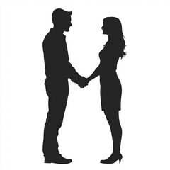 A simple silhouette of a man and woman standing hand-in-hand, in black on a white background. The minimalist design lends itself to versatile uses in graphic design and symbolic illustrations.