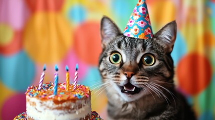 Naklejka premium Adorable Cat Celebrating Birthday with Cake and Colorful Hat