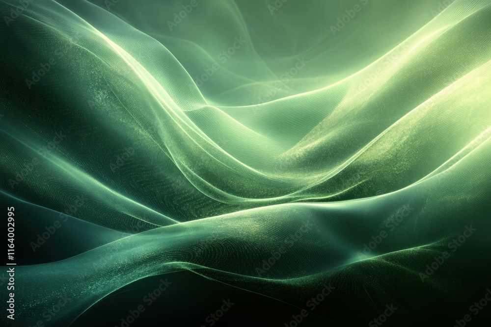 Poster Abstract waves of light in soft green tones create a serene and calming atmosphere.