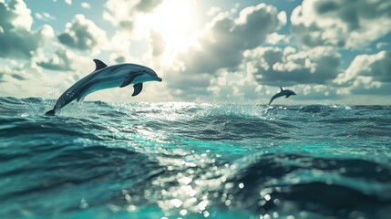 Obraz premium Dolphins Jumping Above Turquoise Waves Under Bright Sunlight