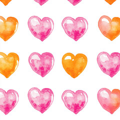 A seamless pattern of watercolor hearts in soft pink and orange hues creates a lively and warm design. The repeating arrangement on a white background is perfect for romantic or celebratory themes.