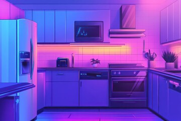 Fototapeta premium Futuristic Kitchen with Neon Highlights and Sharp Textures