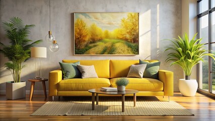 Obraz premium Modern Minimalist Living Room Yellow Sofa Abstract Art Macro Photography