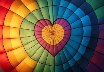Obraz premium A hot air balloon's vivid rainbow interior frames a heart, inspiring wonder and joy. This colorful design celebrates adventure and romance.