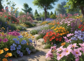 Obraz premium Colorful botanical illustration of blooming flowers in a spring garden, transition, floral, flowers