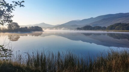 Serene Lake Landscape with Mist and Mountains at Sunrise