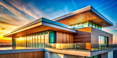 Fototapeta premium Modern Rooftop Architecture: Sleek Design with City View Copy Space