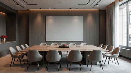 Fototapeta premium A luxurious meeting room featuring a blank gray wall provides a sophisticated and professional backdrop for corporate events and presentations