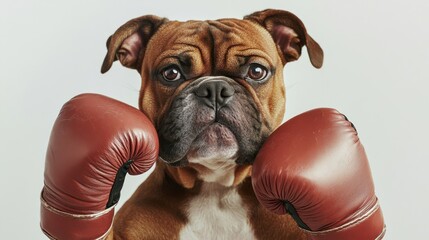 Bulldog in boxing gloves ready for a friendly match on a clean white background