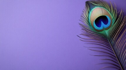 Obraz premium Beautiful peacock feather on vibrant purple background with intricate details and texture