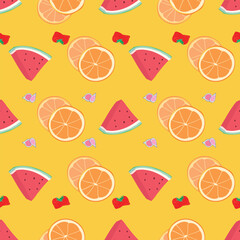 Bright colorful Vector Seamless pattern with fruits: strawberry, watermelon, orange, fig. Great for textiles, kitchen decor, cooking design, packegaging