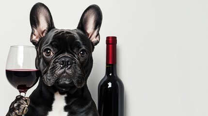 French bulldog enjoys a glass of red wine beside a bottle on a clean white background