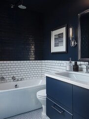 Modern Dark Blue Bathroom With White Tile Accents