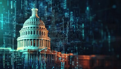 The Capitol Building is highlighted with cascading binary code, set against a dynamic background of digital graphs and tech-inspired elements