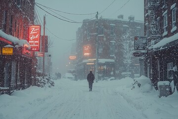 Fototapeta premium A Photorealistic Winter Scene Capturing a Snowy City Street with Atmospheric Conditions and a Solitary Figure in a Blizzard, Ideal for Seasonal Themes and Urban Imagery