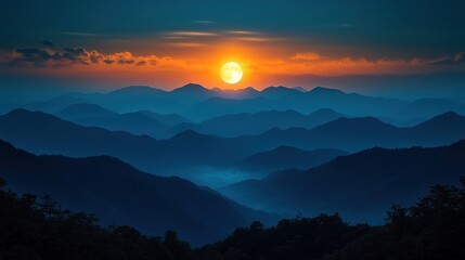 Obraz premium Sunset moonrise over layered blue mountains.