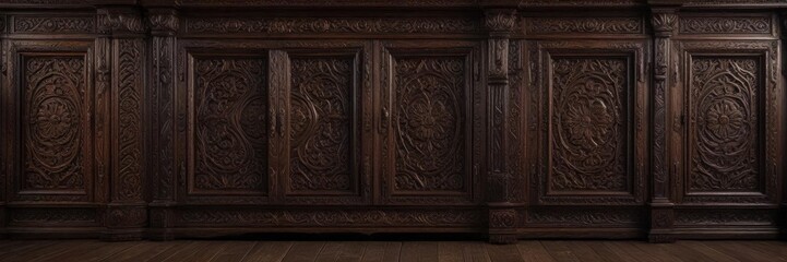 Dark wood background with intricate patterns of ancient furniture,  wooden paneling,  furniture