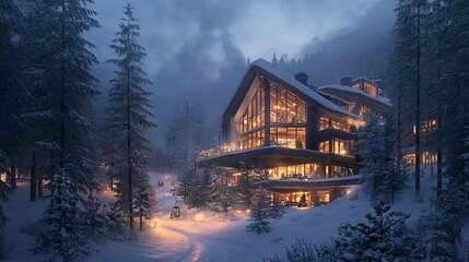 Fototapeta premium Cozy winter chalet nestled in a snowy mountain valley, illuminated by warm interior lights. Snow-covered landscape with tall evergreen trees and a path leading to a modern wooden chalet.