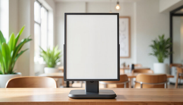 Blank sign holder on wooden table in modern cafe