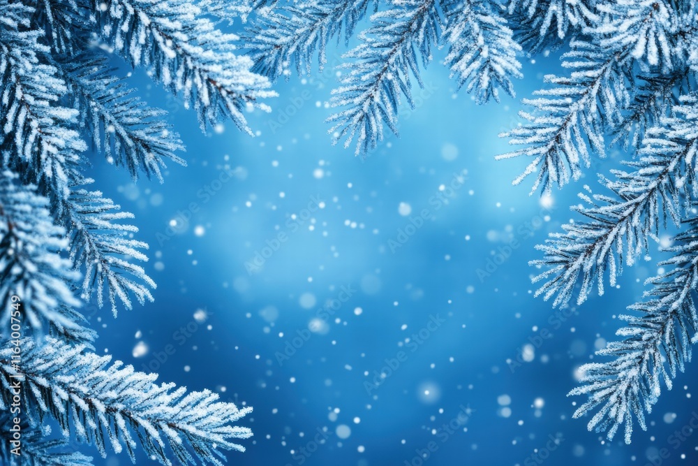 Poster a serene winter scene featuring snow-covered pine branches against a blue background with falling sn