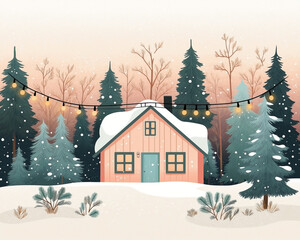 A winter cabin, featuring a soft pastel palette of pinks, light blues, and peach tones. String lights hang around the roof, the snow-covered pine trees surrounding the cabin