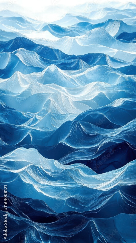 Poster abstract representation of flowing blue waves, evoking calmness and fluidity.
