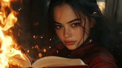 Fototapeta premium Young Woman with Freckles Reading a Book Surrounded by Flames and Intense Light