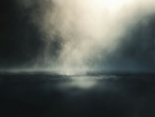 A misty landscape with soft light creating an ethereal atmosphere over a reflective surface.