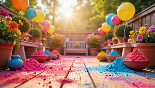 Colorful garden party setup with vibrant powders and flowers
