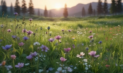 Naklejka premium Delicate watercolor flowers in a lush green meadow at dusk, texture, floral, landscape