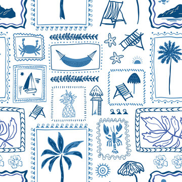 Blue summer tropical beach seamless pattern. Cute hand drawn palm tree, boat, lobster, cabin, sea island framed vacation illustration. Vector tropic story design, print, exotic wallpaper, textile.