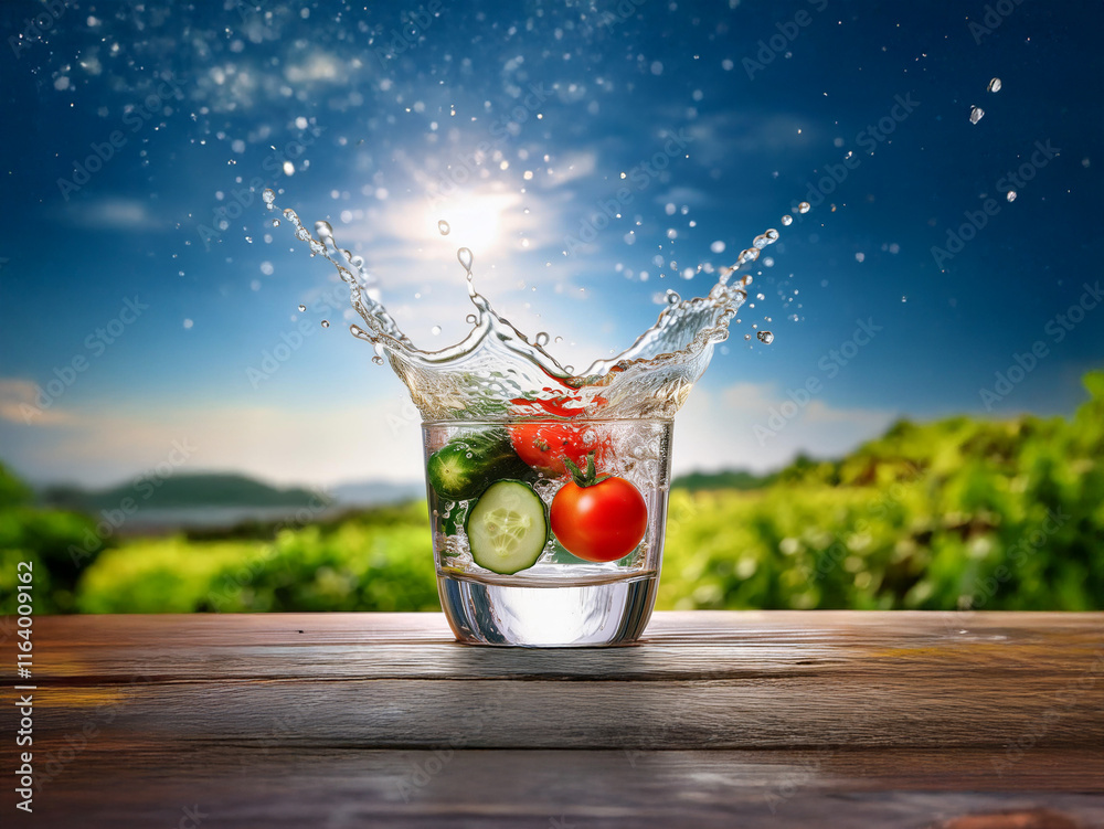 Poster A refreshing image of sliced cucumbers and tomatoes splashing into a glass of water, set against a vibrant, sun-drenched outdoor scene.