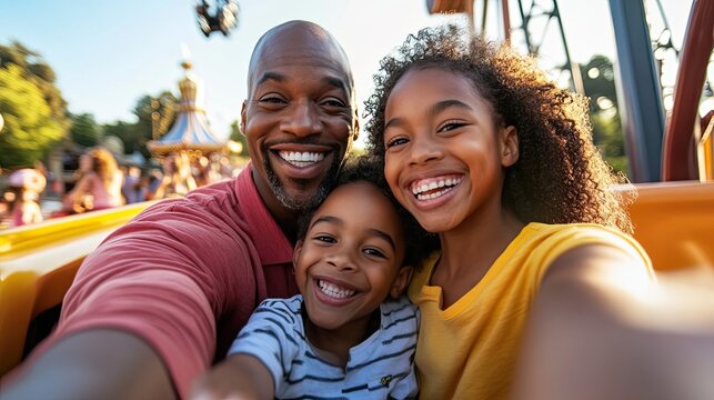 Happy Family Takes Amusement Park Selfie Together